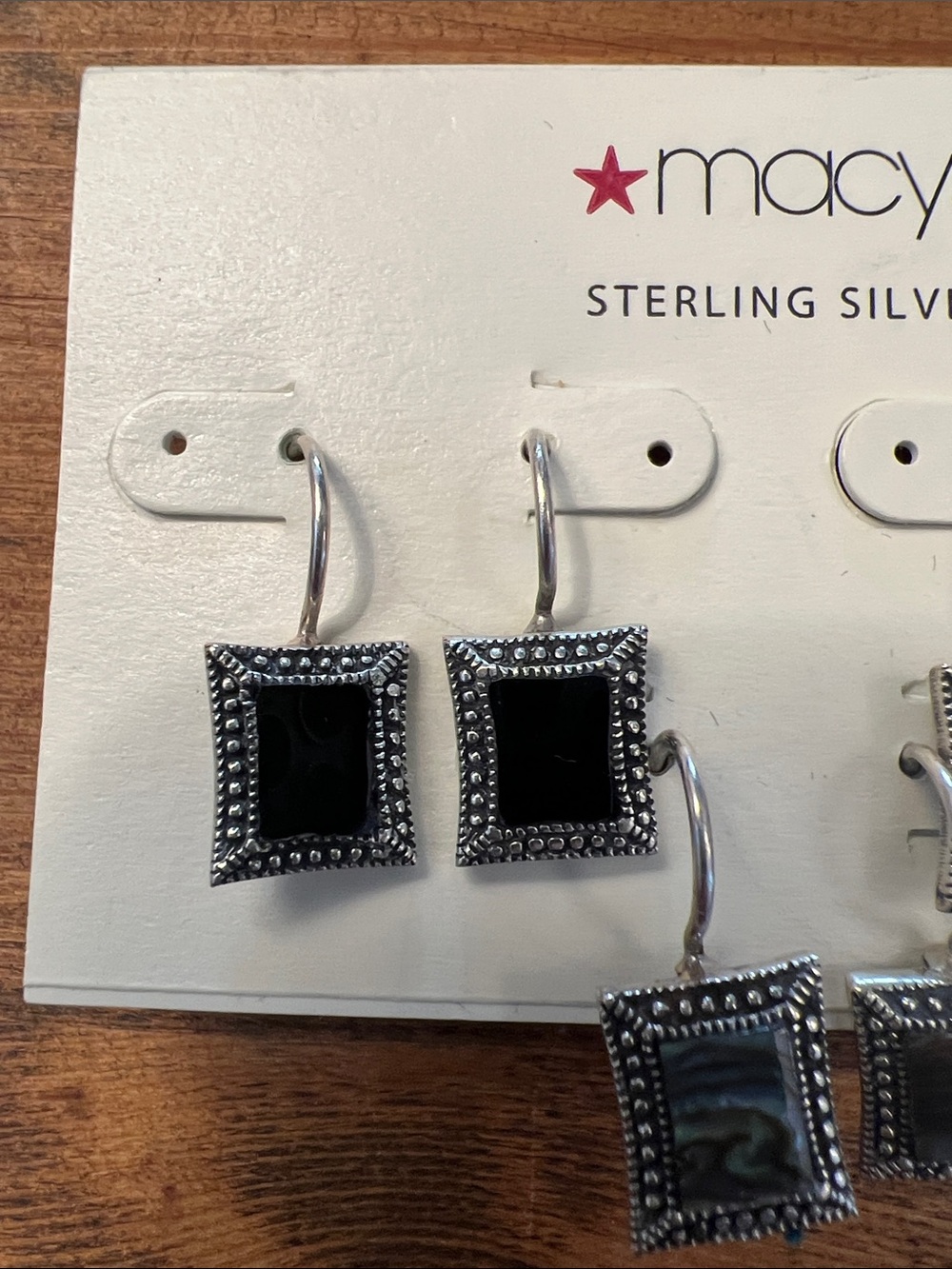 Set of 3, Macy's Sterling Silver Square Drop Earrings, Onyx, Abalone, Pearl - Picture 3 of 6